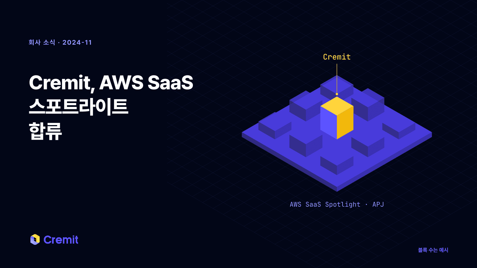 AWS SaaS 스포트라이트 APJ 프로그램의 넓은 판 위에 여러 스타트업 블록이 있고 그중 하나가 Cremit인 장면