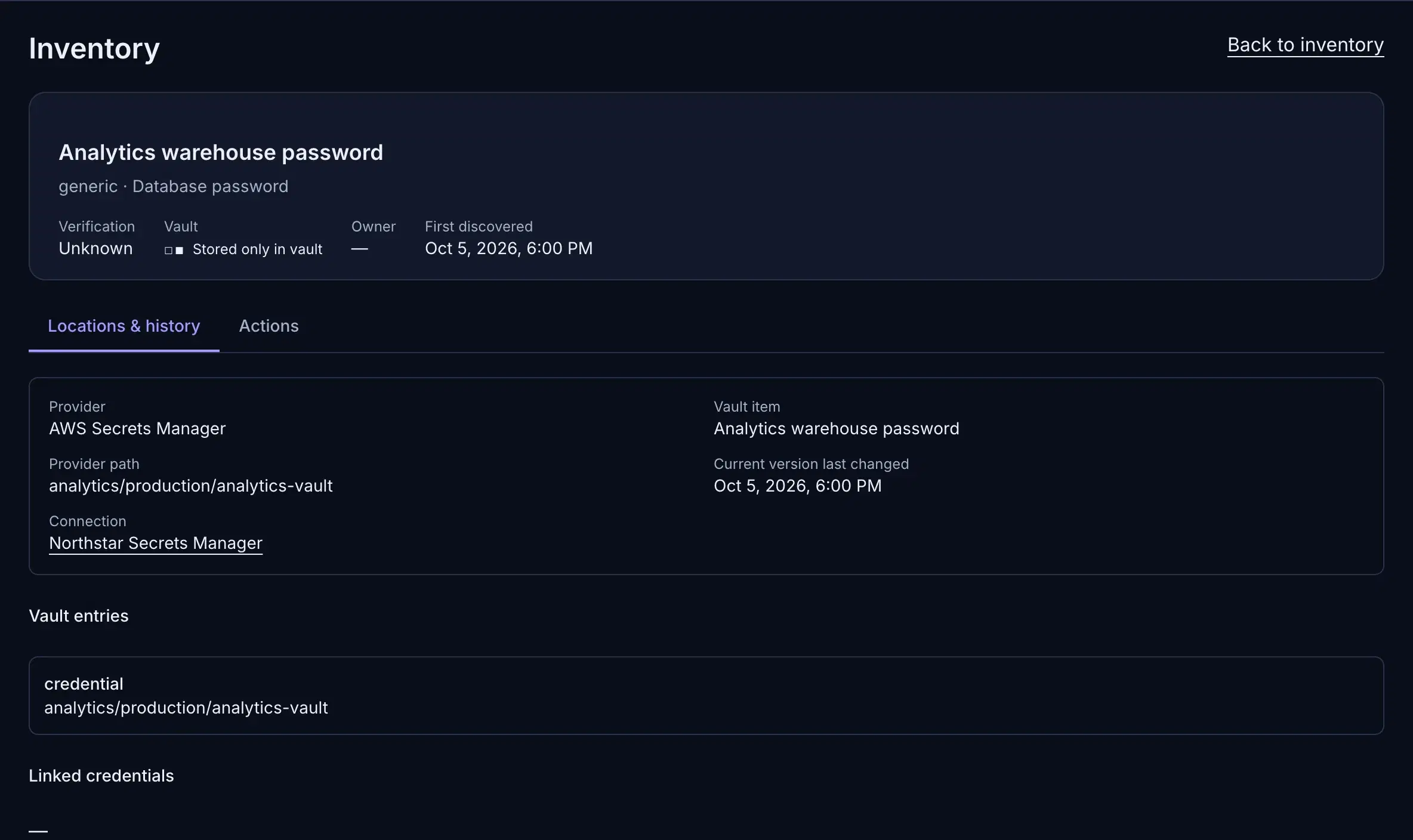 Vault record for a database password with its provider, path, connection and current version, stored only in the vault.