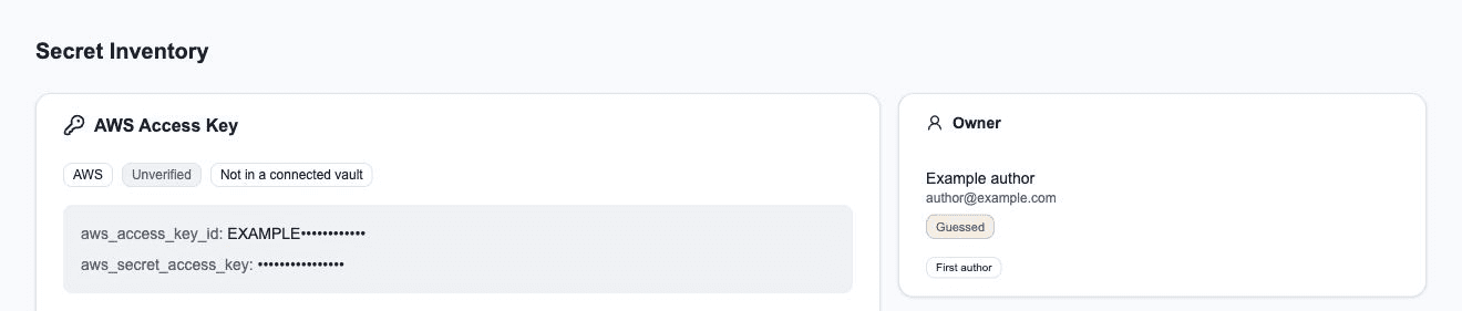 Example credential inventory detail showing a masked AWS key, verification status, owner candidate and source information.